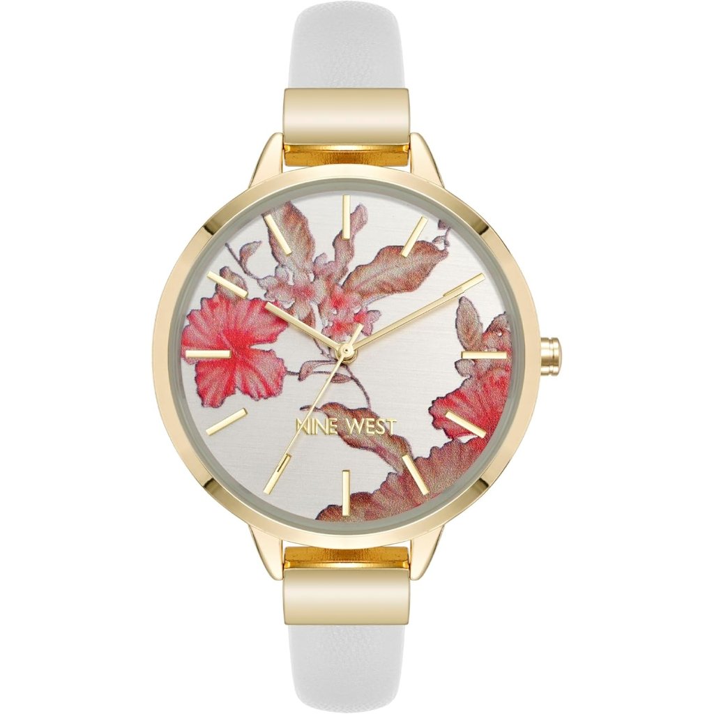 Women's Floral White/Gold Crystal Lens Smooth Leather Strap Buckle Closure Watch